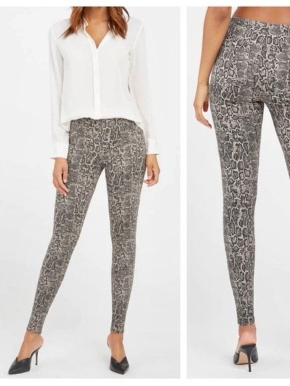 SPANX Snake-Pattern Jeanish Leggings in Black & Gray size Small